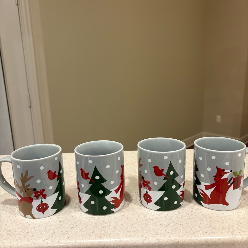 Crate&Barrel Winter Holiday Mug Set - Gray and Red